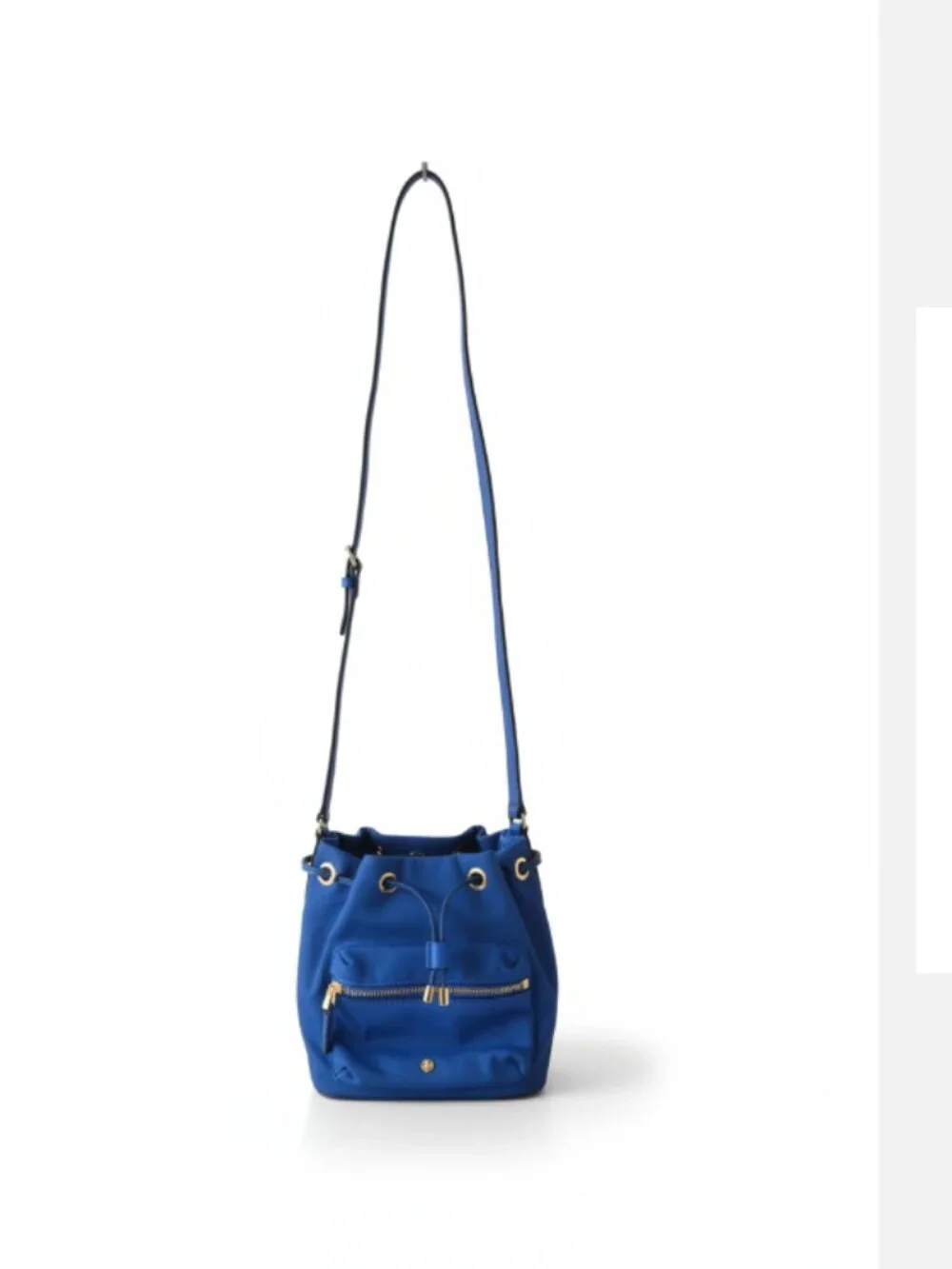 Lauren Ralph Lauren Blue Nylon Drawstring Bucket Crossbody Bag Leather Trim